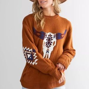 SOLD -Wrangler (S/M) aztec cowgirl longhorn brown western knit crew neck sweater